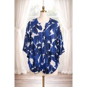 ZOZO 100% Linen Tunic Top Button Up Collarless Blue White Breathable Size 1x